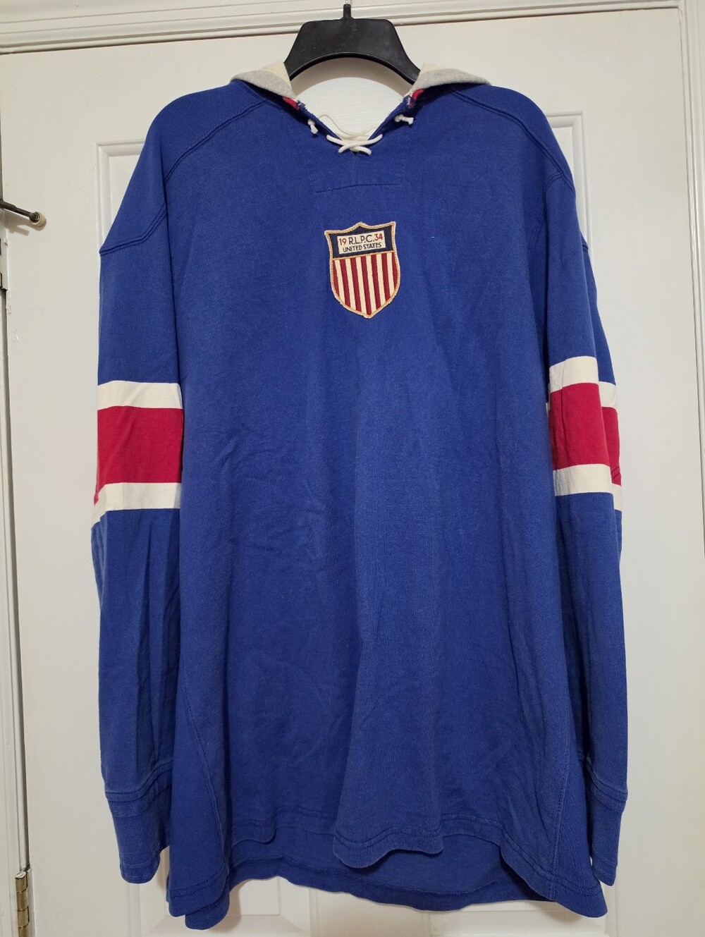 Ralph Lauren Royal Blue Hooded Sweatshirt with Red & White Sleeve Stripes